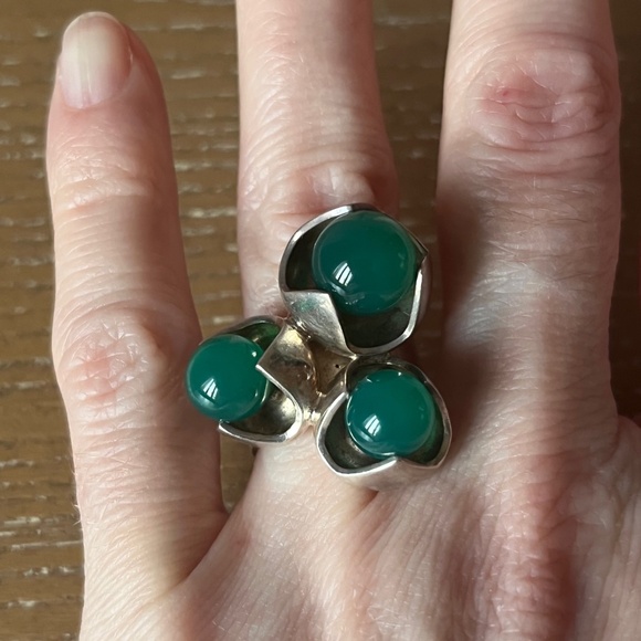 KULTASEPPÄ SALOVAARA Finland Modernist Sterling Silver Ring Chrysoprase Sz 7 MCM - Picture 2 of 13